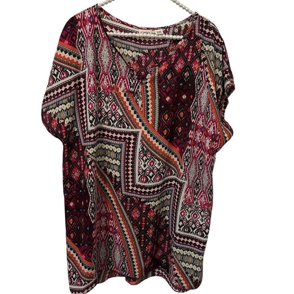 Cato tunic top womens 18/20W 1X Pink red Aztec Chiffon V Neck Shirt boho grunge